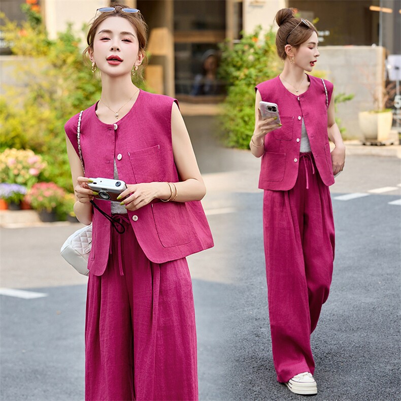 2025夏季新款纯色马甲玫红色三件套阔腿长裤T恤女装高档透气麻料,女装套装/套裙,布芭啦