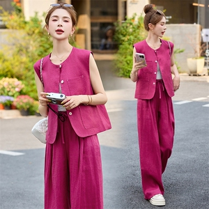 2025夏季新款纯色马甲玫红色三件套阔腿长裤T恤女装高档透气麻料图片