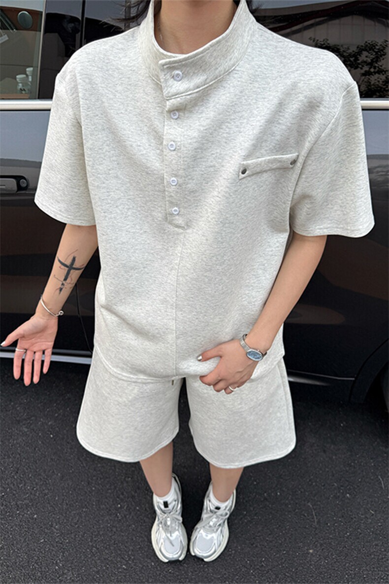 夏季港风日系套头亨利领短袖T恤+短裤两件套XZ213-TZ099-P70控98,男装牛仔裤,星座213