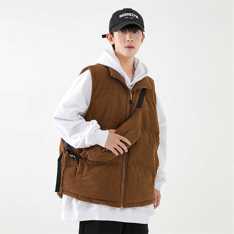 冬季灯芯绒棉马甲男复古加厚立领棉服情侣外套配挎包8516-P70,男装棉衣,电商B306