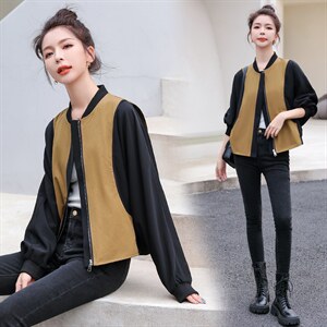 拼接撞色棒球服外套女秋季新款2022百搭休闲拉链开衫夹克短上衣潮,紫色单鞋如何搭配衣服好看图片