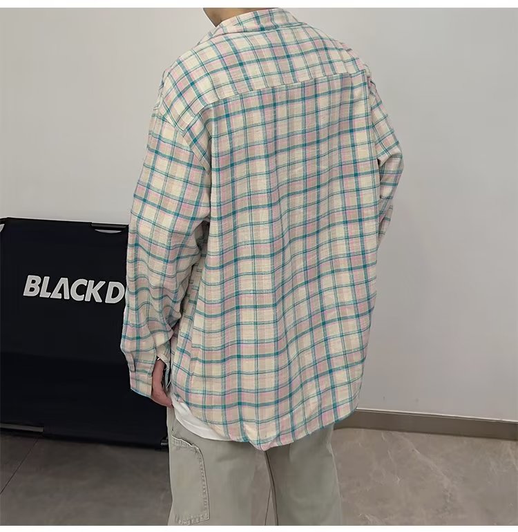 格子衬衫男女长袖痞帅刺绣衬衣vintage美式复古情侣外套GC28-P40,男装衬衫,星座1008