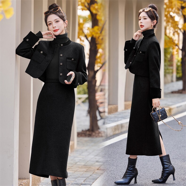 【财阀千金系列】2024新款冬装百搭小香套装丝绒拼接两件套加棉,女装套装/套裙,雅静靓衣