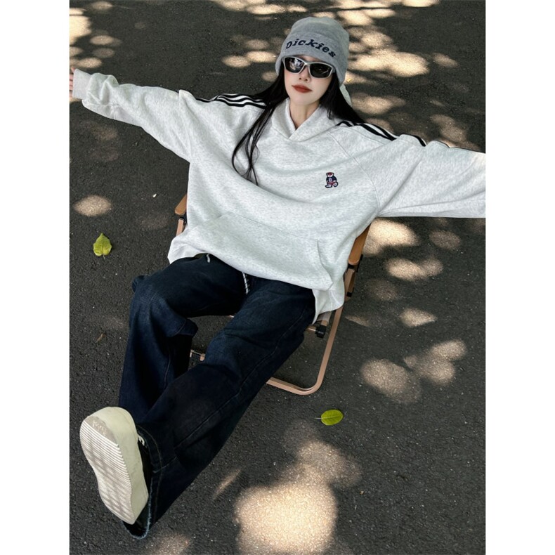 WE1741-P53美式复古条纹小熊刺绣连帽卫衣男女,男装卫衣,电商B323A
