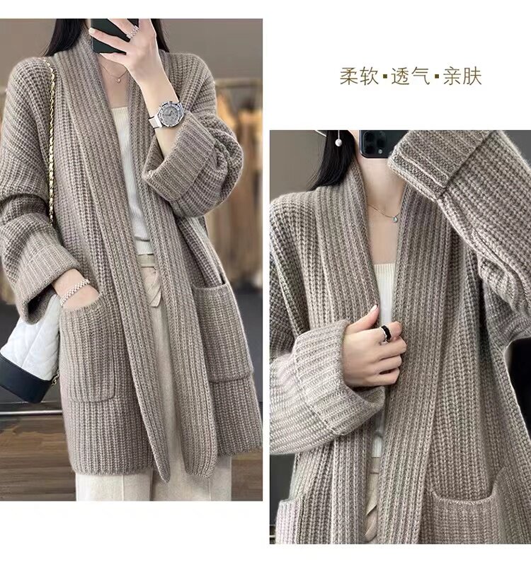 中长款100羊绒开衫女V领秋冬新款气质高端加厚针织羊毛衫毛衣外套,针织衫/毛衣,百纯羊绒