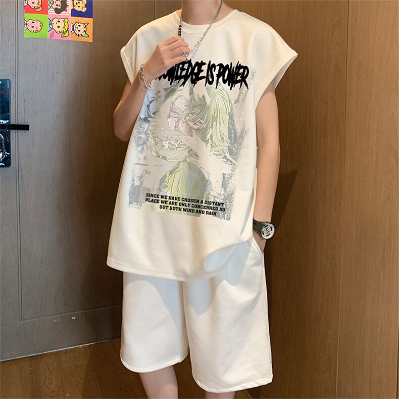 直播美式麂皮绒宽松背心无袖t恤短裤大码两件套套装TZ46-P58,男装T恤,电商A486