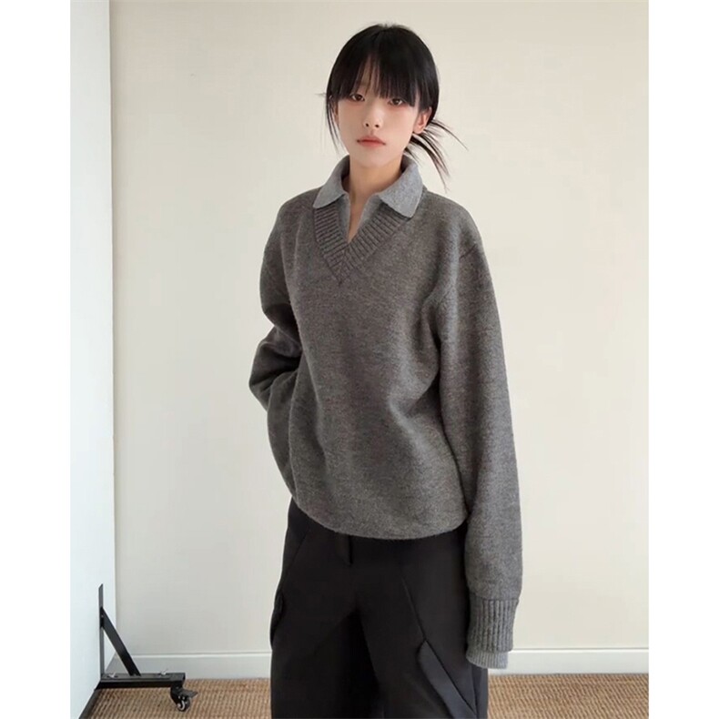 重磅北极绒假两件衬衫领毛衣美式高街复古休闲慵懒纯色翻领针织衫，男装针织衫/毛衣，电商A486