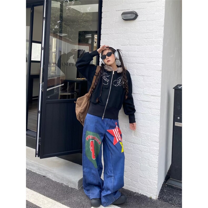美式复古拼接格纹牛仔女裤女大口袋弯刀显瘦辣妹爵士阔腿长裤,男装休闲裤,星座506A