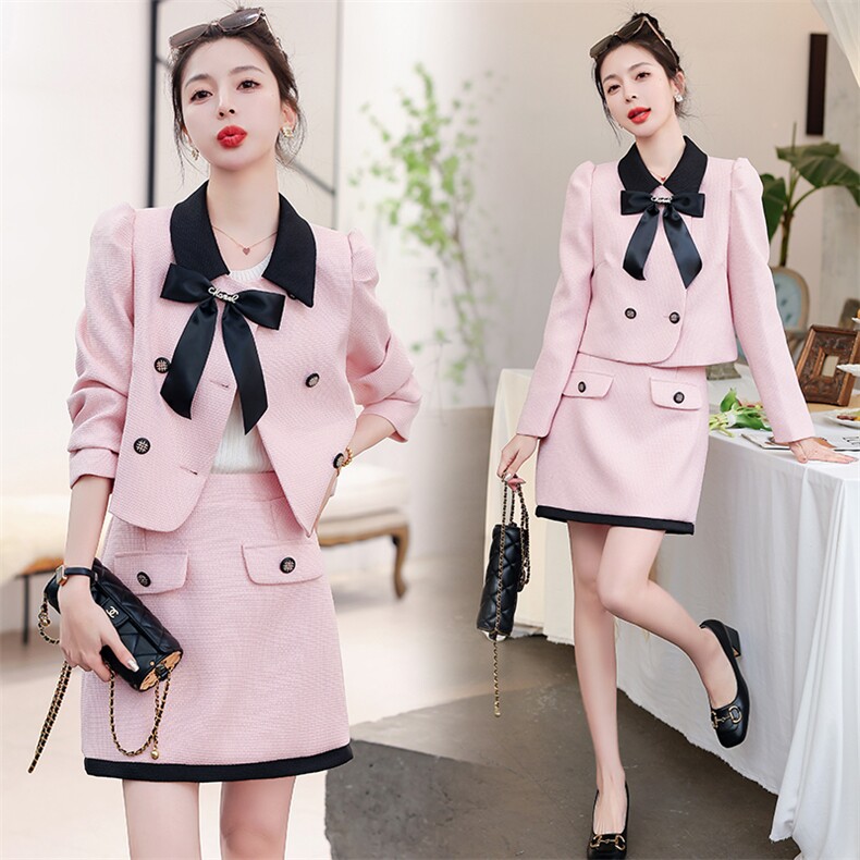 2023新款秋装小香风套装法式复古风半身裙撞色蝴蝶结上衣两件套，女装套装/套裙，时尚俏佳人