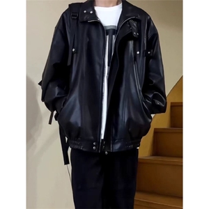 cleanfit黑色短款皮衣外套男春秋季痞帅高级感美式立领夹克机车服图片