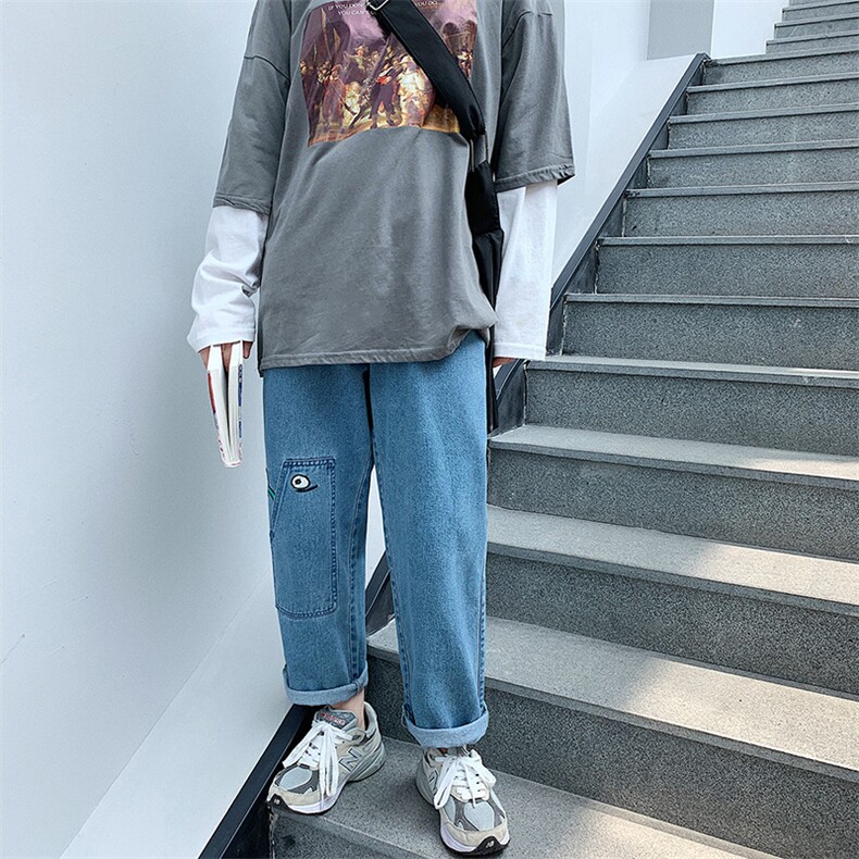 春季热卖秋季情侣牛仔裤可爱卡通绣花直筒裤子潮K21P55控78,男装休闲裤,电商A102B