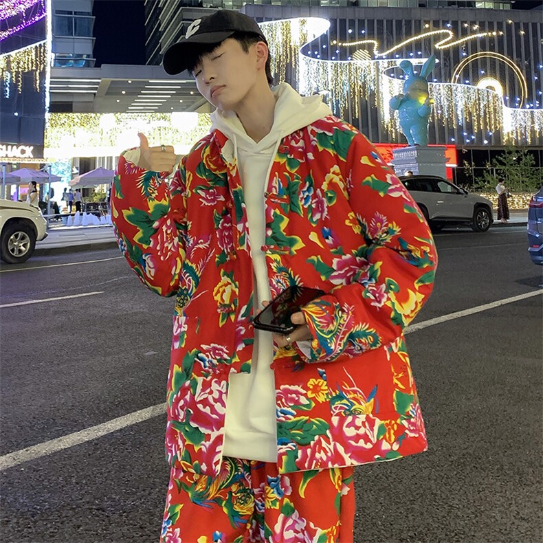 TZ207风盘扣立领大花棉衣加绒裤套装民族特色牡丹大花大码男,男装休闲套装,星座115A(原星座507）