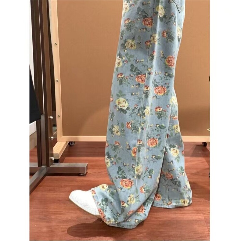 美式复古花卉满印碎花牛仔裤女夏季高腰梧桐裤直筒阔腿裤NA1996,男装牛仔裤,星座1116A（原606A-3）