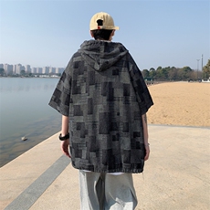 夏款男连帽T恤小鱼鳞条纹小贴标工装织带五分袖外套T235P38，男装T恤，星座1013-1