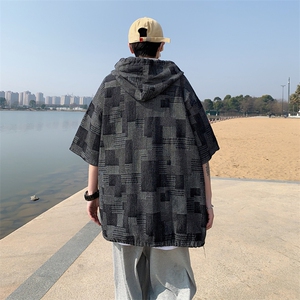 夏款男连帽T恤小鱼鳞条纹小贴标工装织带五分袖外套T235 P38图片