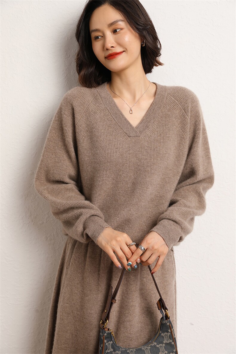 V领羊绒衫女宽松套头羊绒加厚纯色打底针织衫女,女装羊绒衫,五色羊羊绒