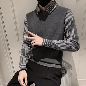 慵懒风假两件毛衣男士衬衫领春秋季网红设计小众外穿针织衫 MY552图片
