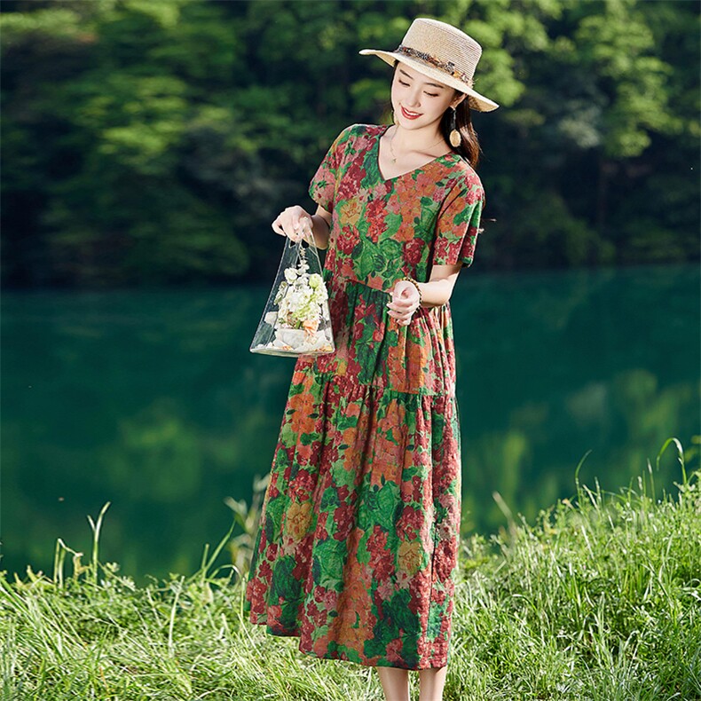 复古印花棉麻连衣裙女2025夏季新款气质中年妈妈胖mm遮肉宽松裙子,女装连衣裙,倪叶myz