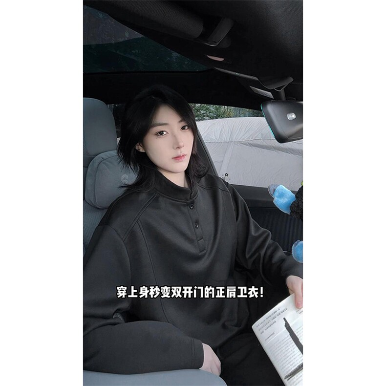 抖音得物品质美式高街重磅曼巴棉拼接cleanfit亨利领卫衣长袖T恤,男装T恤,电商A486