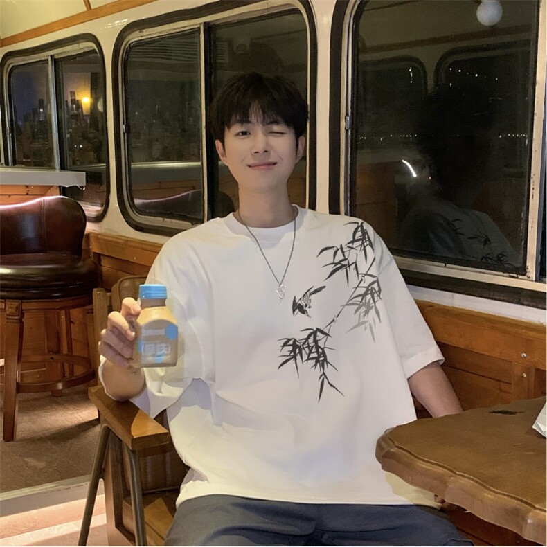 抖音品质直播得物风新中式竹叶印花短袖T恤dcm298-特批20控38,男装T恤,星座605(原A050)