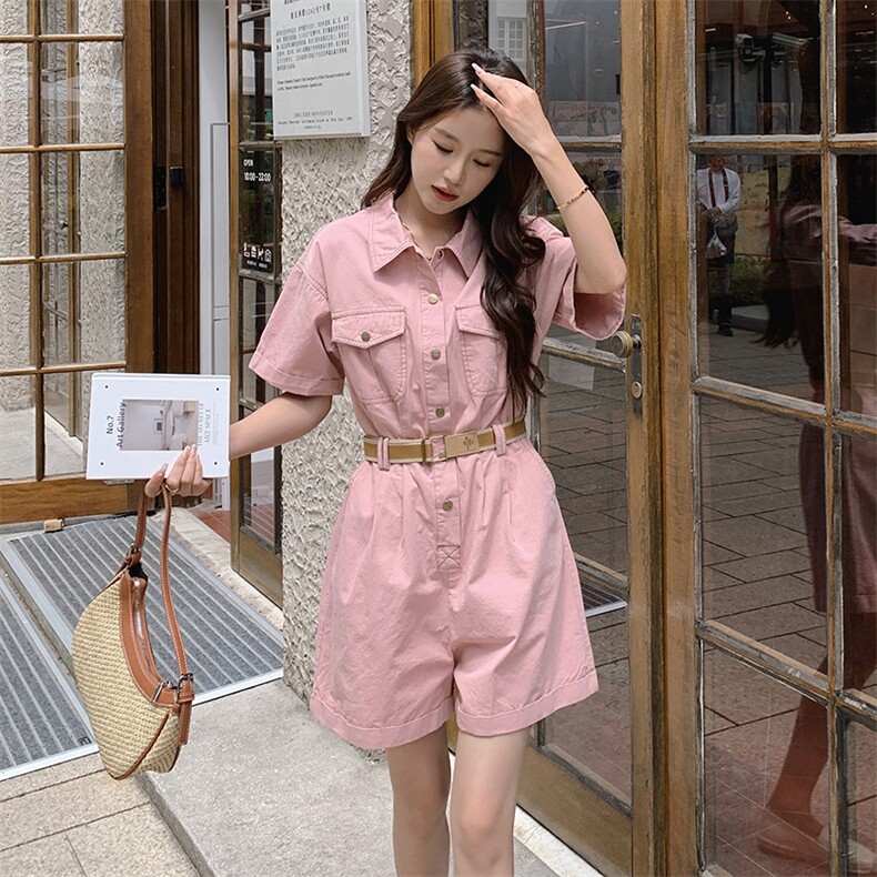小个子粉色连体短裤女2023夏新款韩版网红少女工装辣妹连衣裤图片