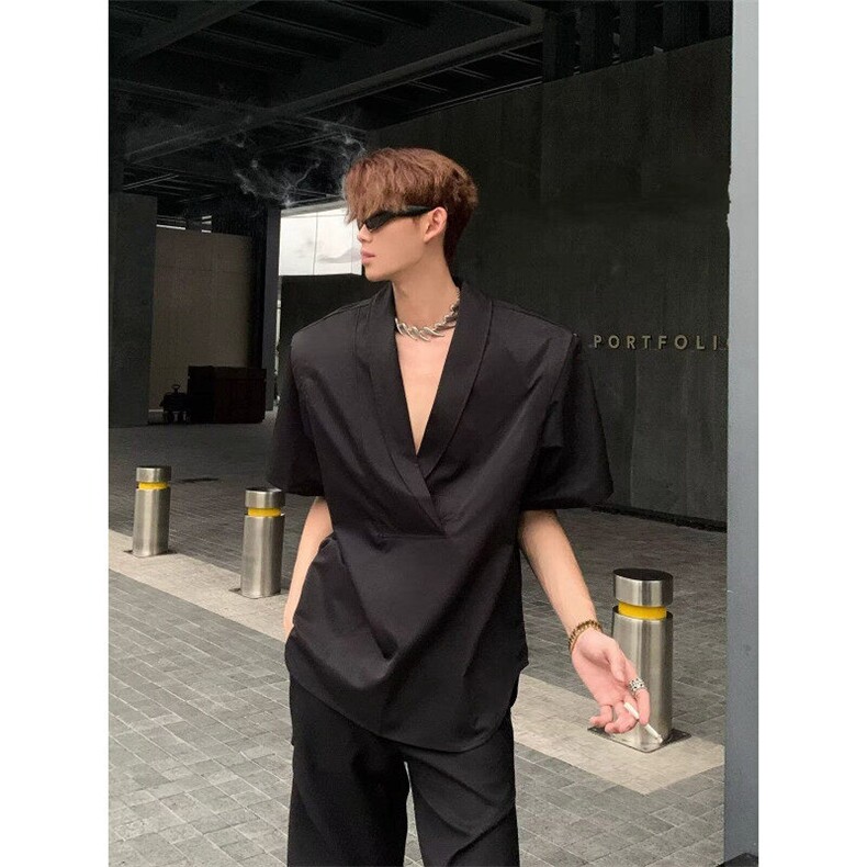 W9501-P38网图现货夏季韩系深V领垫肩短袖衬衣廓形时尚纯色上衣,男装T恤,星座1608-2