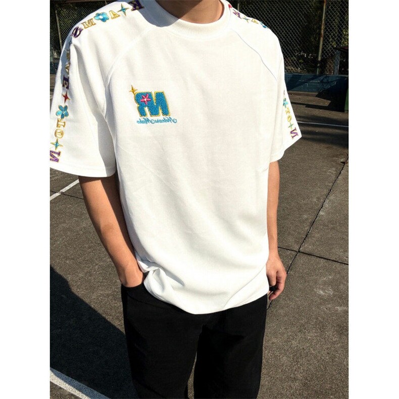 M523-P35连肩刺绣字母毛巾绣圆领美式学院风宽松百搭短袖情侣T恤,男装T恤,星座617A-1（原B318A）