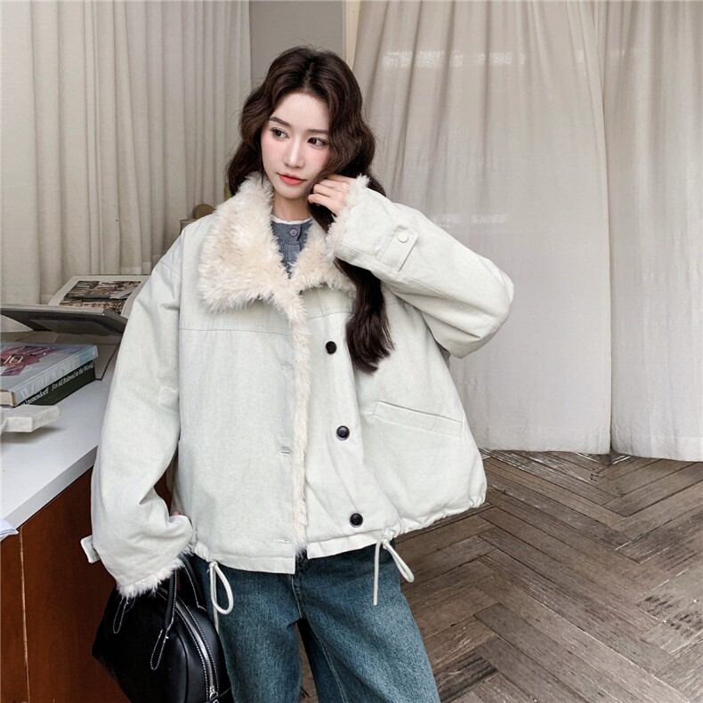 羊羔毛翻领加厚保暖派克服女冬韩系宽松减龄短外套，女装羊羔毛/颗粒绒，浙宝099