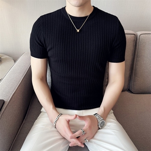 针织衫毛衣男 M22/p45春夏季短袖修身圆领条纹纯色打底衫线衣图片