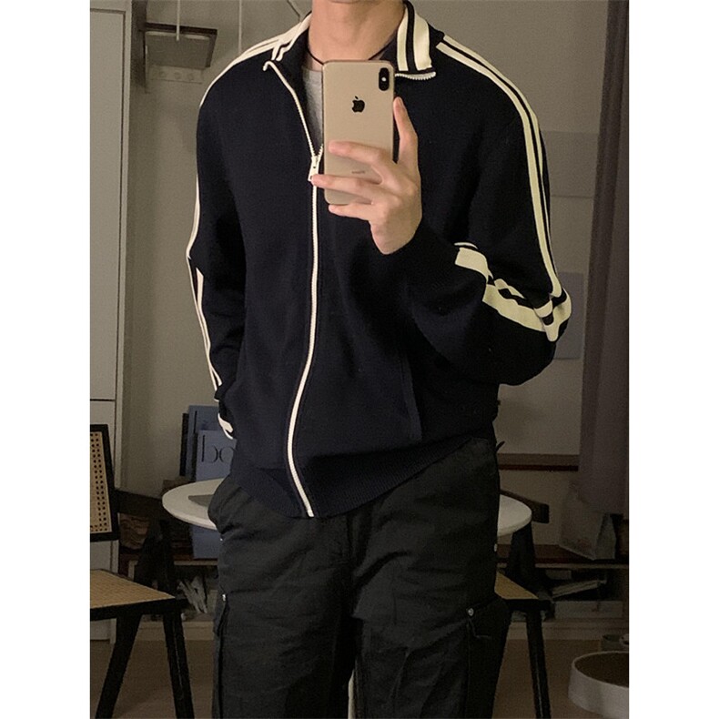 立领男款外套针织衫条纹拉链男上衣休闲痞帅高级感毛衣开衫M879,男装针织衫/毛衣,星座1116A（原606A-3）