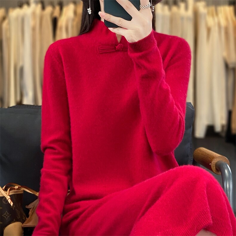 小个子新中式羊毛针织连衣裙秋冬复古风中长款,女装连衣裙,绒宛羊绒