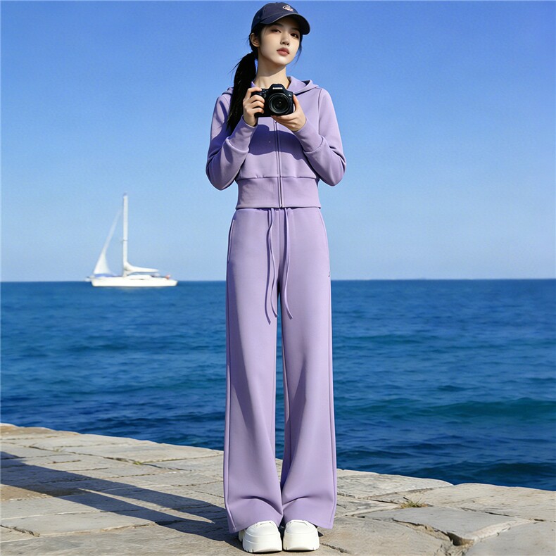 欧货慵懒风时尚套装女春季设计感纯色连帽外套休闲阔腿长裤两件套，女装套装/套裙，江南