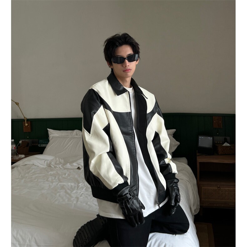 复古拼色皮衣外套男秋潮牌街头vintage机车服夹克衫百搭男MF52P75,男装夹克,电商D256A(原A064A)