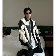 复古拼色皮衣外套男秋潮牌街头vintage机车服夹克衫百搭男MF52P75，男装夹克，电商D256A(原A064A)