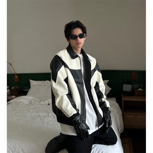 复古拼色皮衣外套男秋潮牌街头vintage机车服夹克衫百搭男MF52P75
