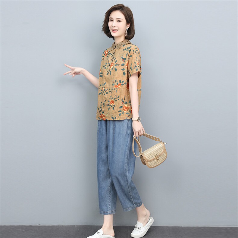 孔雀飞飞夏装新款韩版大码遮肉复古印花两件套棉麻亚麻女高端套装,女装套装/套裙,依恋蒂丝