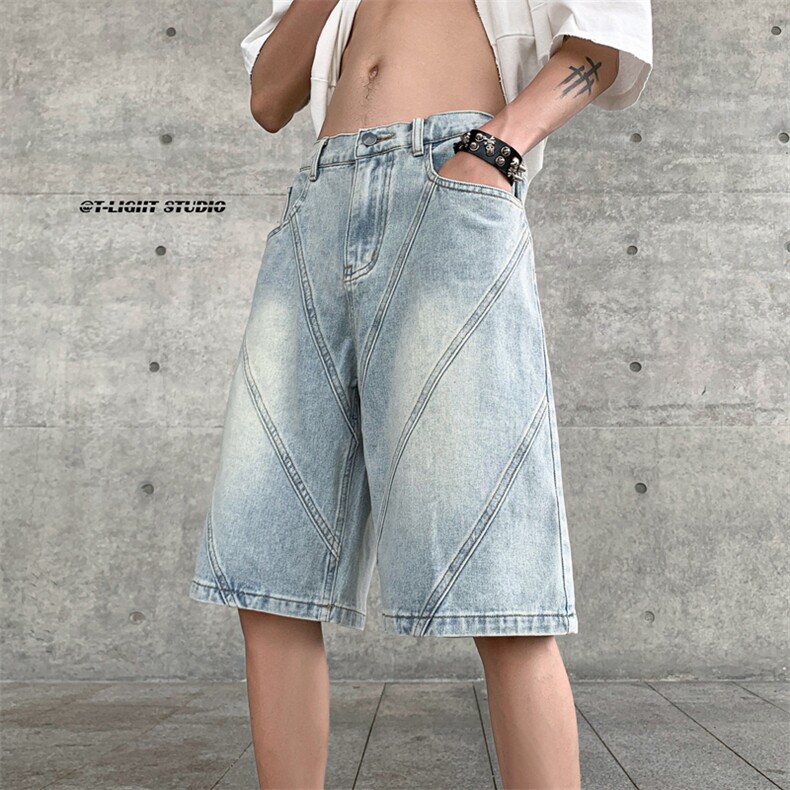 B221美式ins高街暗黑小众拼接牛仔短裤五分裤LK23068-P50控68,男装牛仔裤,电商B221