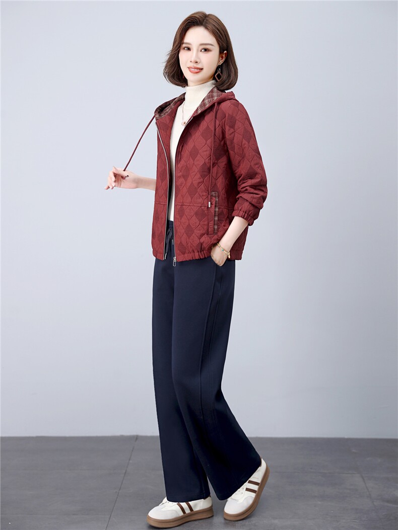 长期现货妈妈春秋早冬夹棉服时尚格子连帽外套短中老年两件套装女,女装套装/套裙,璐依舞