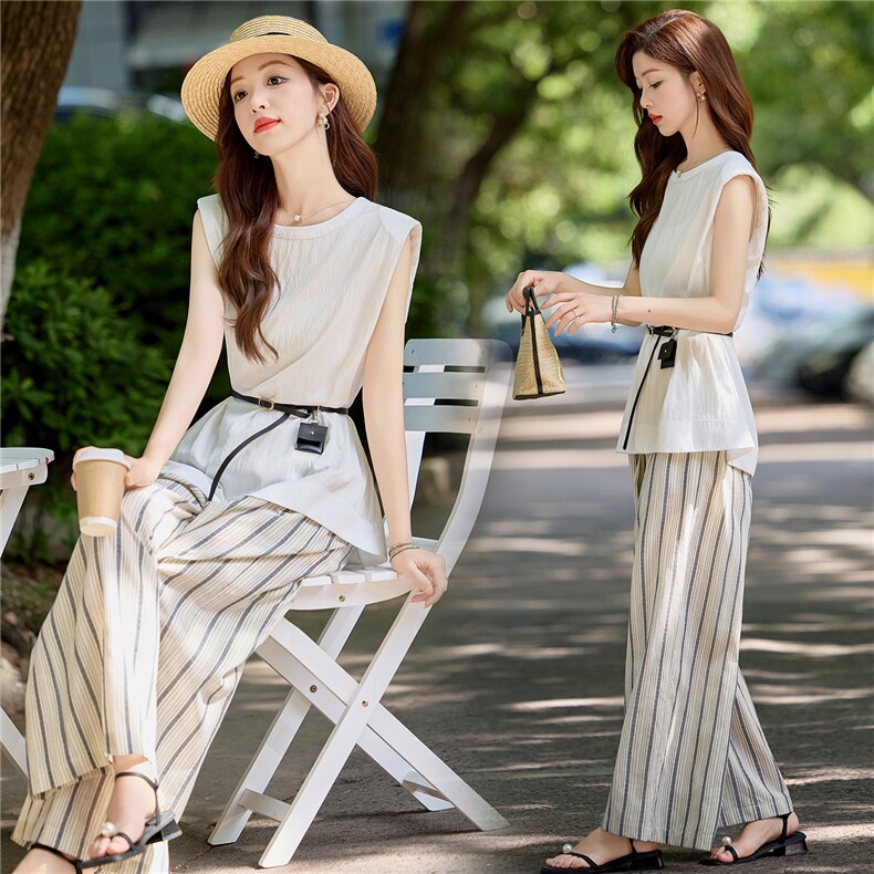 韩系干练气质套装女夏2025新款通勤职业收腰上衣条纹阔腿裤两件套，女装套装/套裙，微微衣阁