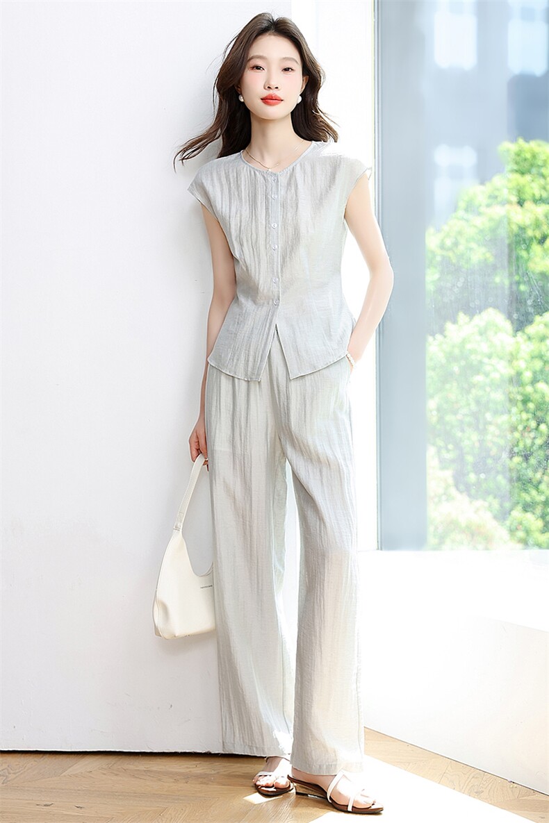 2025夏季新款通勤松弛感亚麻无袖上衣套装女搭配阔腿裤长裤两件套,女装套装/套裙,星宇服饰