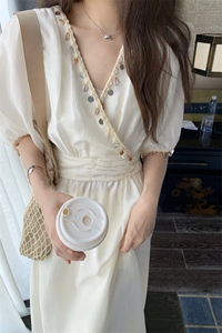 茶歇法式白色V领连衣裙女夏2025高级感温柔气质掐腰连身长裙及踝图片