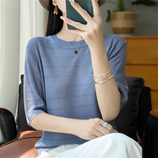 夏季薄款天丝针织短袖T恤女纯色镂空提花五分袖上衣宽松半袖打底，女装针织衫/毛衣，大美人包芯纱店