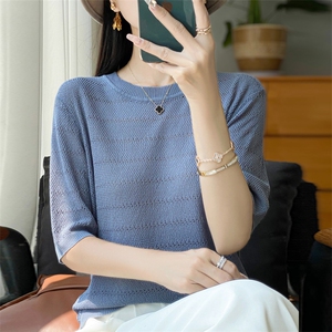夏季薄款天丝针织短袖T恤女纯色镂空提花五分袖上衣宽松半袖打底图片