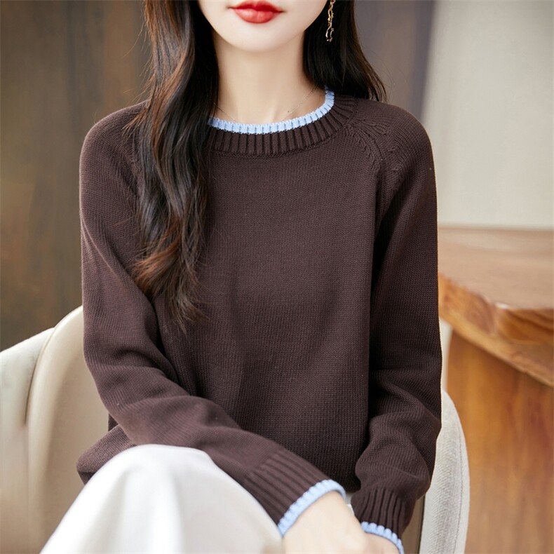 法式撞色100纯棉针织打底衫女2025秋冬新款重磅加厚针织保暖毛衣,针织衫/毛衣,长今羊