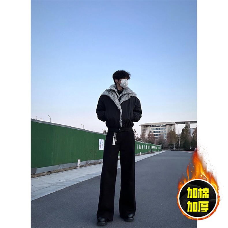 现货高品质美式高街重磅狼王座山雕毛毛领假两件棉衣加厚棉服外套，男装棉衣，电商A486