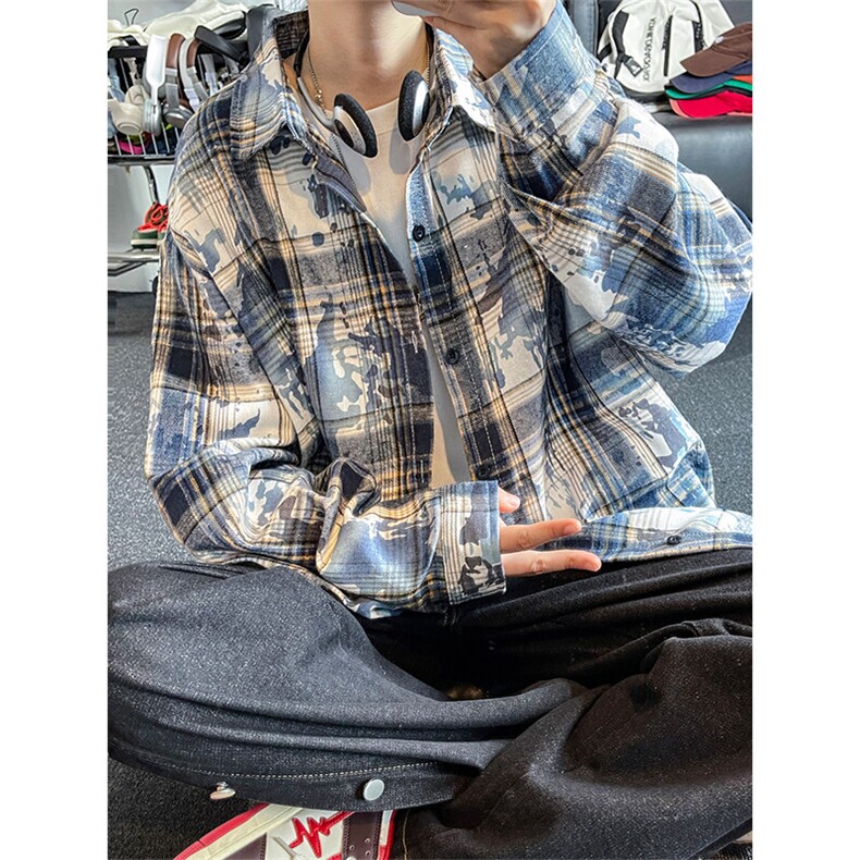 扎染脏脏格子长袖衬衫男春秋美式学院风宽松潮牌休闲冬季加绒衬衣，男装衬衫，电商A007