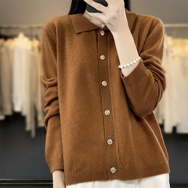 翻领polo针织开衫女2024秋新款纯色羊毛衫长袖短款外套,女装羊毛衫,越洋羊