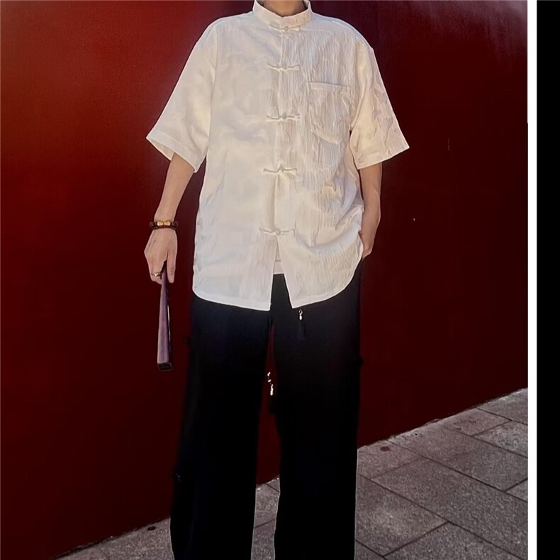 风提花盘扣衬衫男女短袖夏季衬衣宽松薄款唐装外套CT222-p40,男装衬衫,星座1008