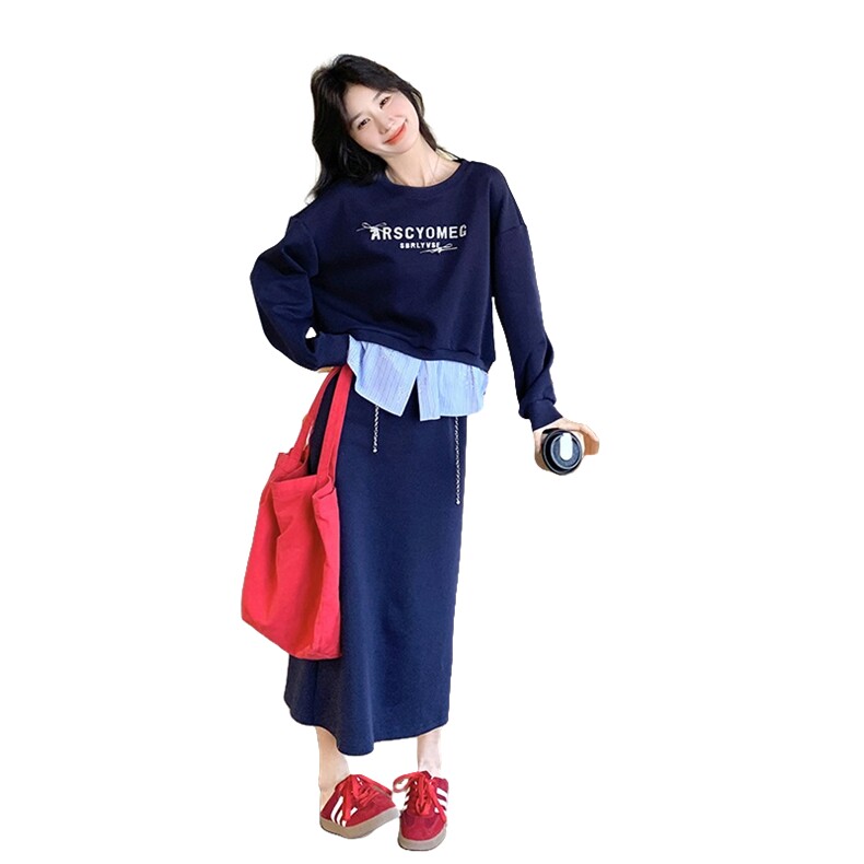 藏青色卫衣套装裙女春2025新款韩版印花长袖上衣A字半身裙两件套,女装套装/套裙,浙宝220