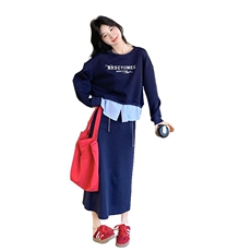 藏青色卫衣套装裙女春2025新款韩版印花长袖上衣A字半身裙两件套，女装套装/套裙，浙宝220